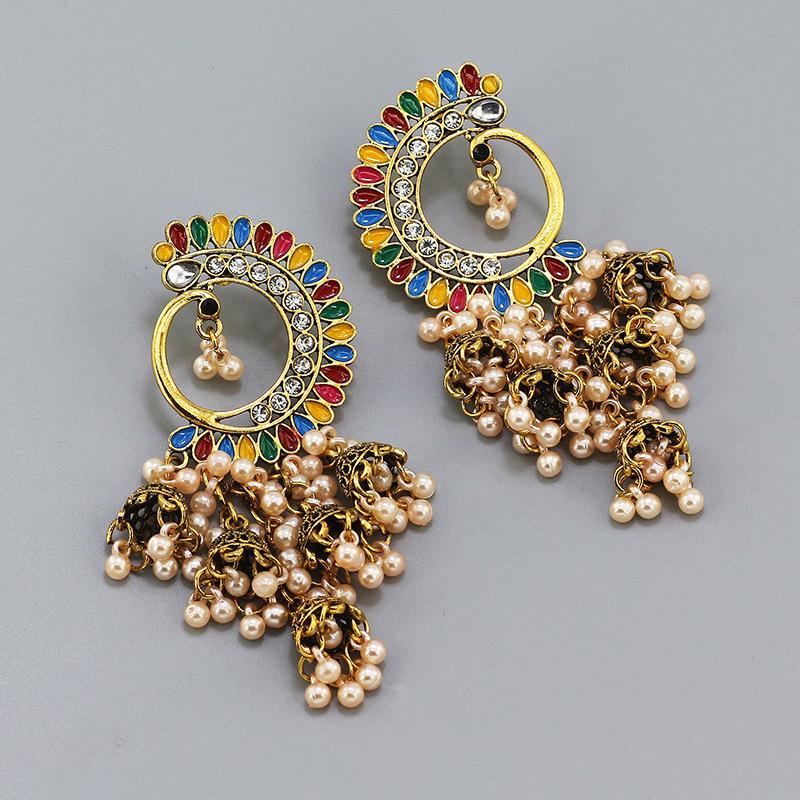 Oil Dripping Multi-color Ethnic Style Half-moon Indian Trendy Bell Ladies Earrings