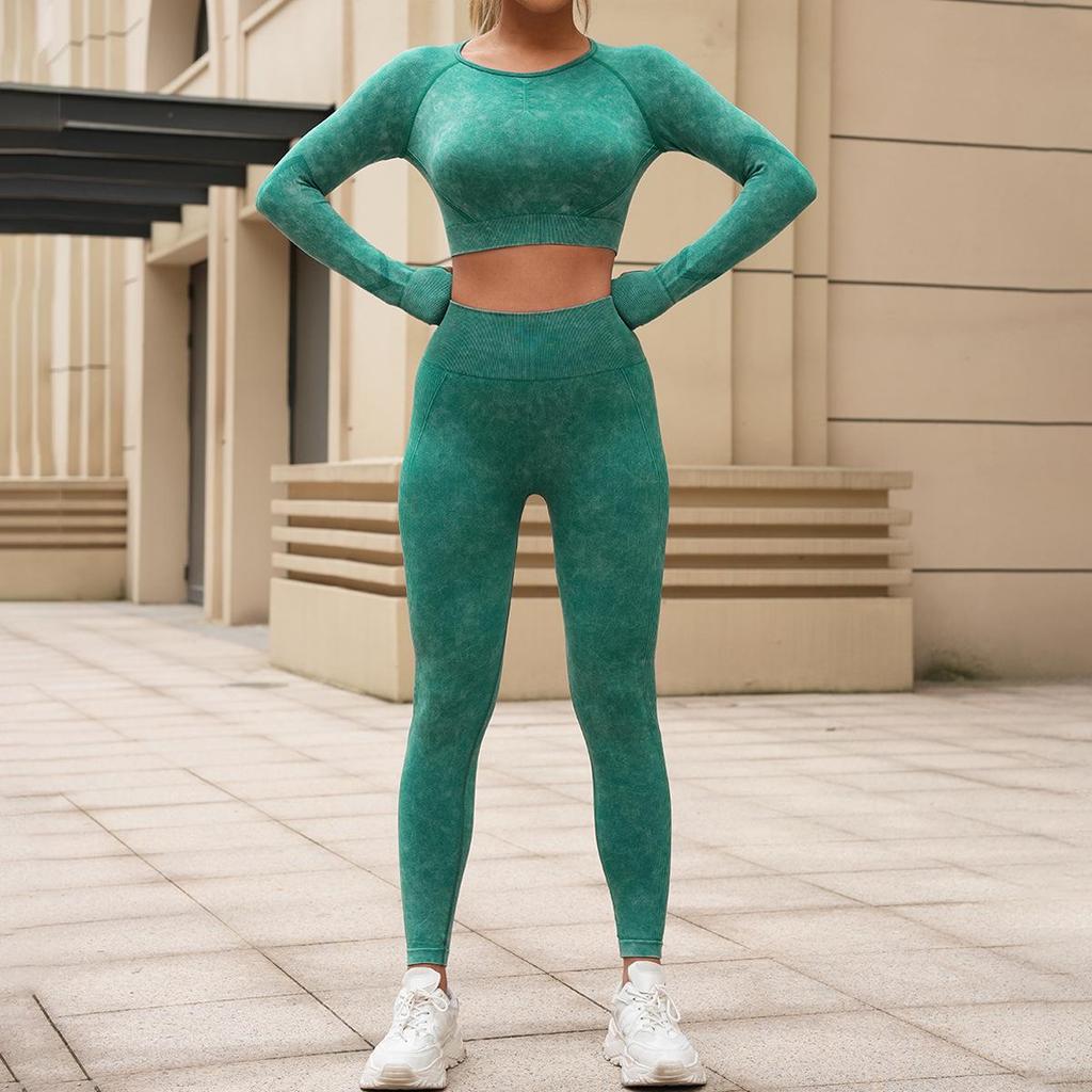 Women's European & American Washed Yoga Set: Long Sleeve Top and Slim Fit Pants, Two-Piece Fitness Outfit.