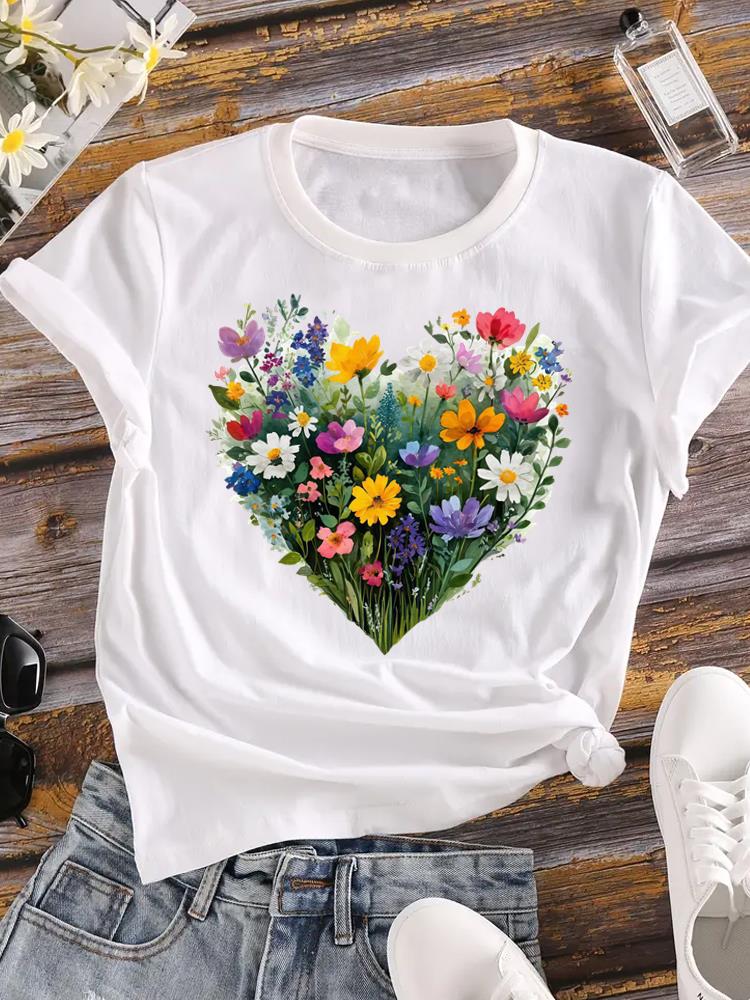 

(Asian Size) T-shirts Printed Clothing Lady flower floral o-neck Short Sleeve Female Top Casual T Shirt Fashion Women Graphic Tee S