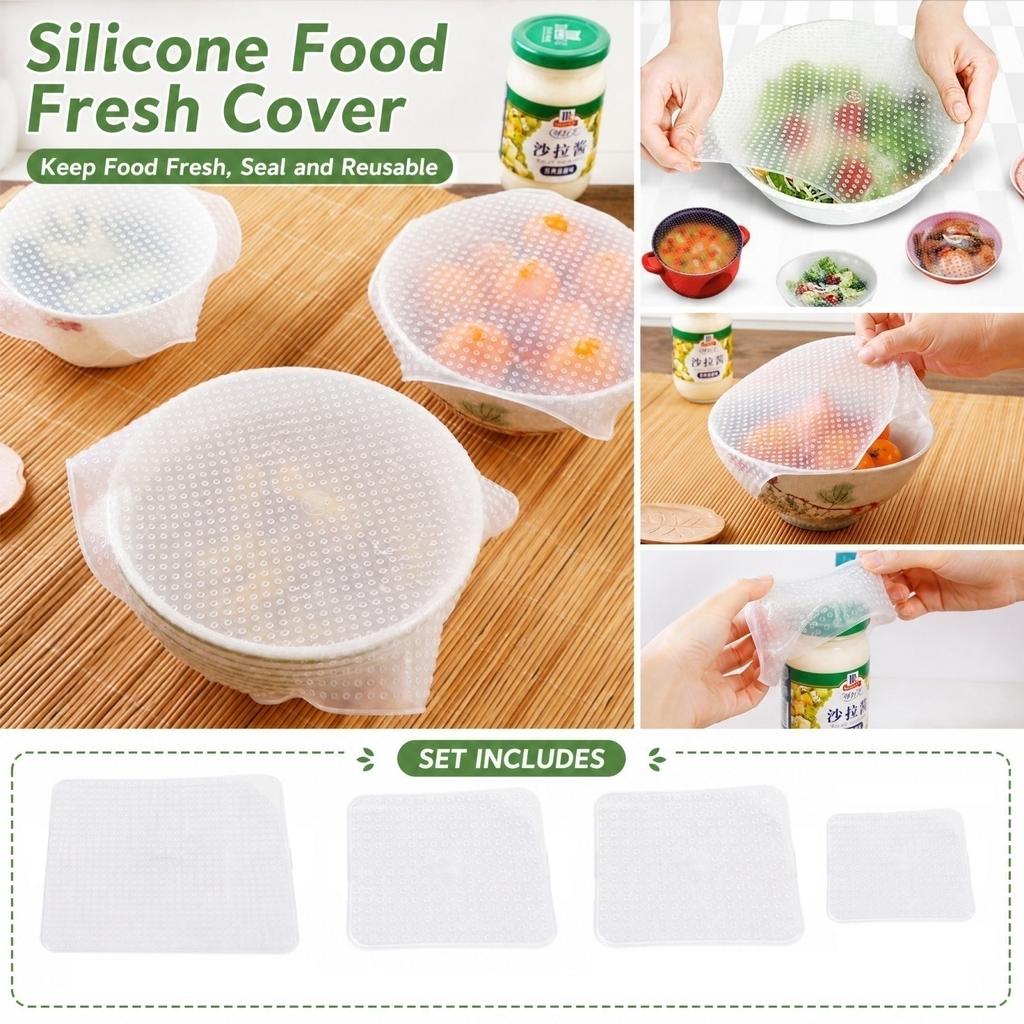 Silicone Food Wrap Covers Set of 4 - Reusable Sealing for Bowls, Refrigerator and Food Storage