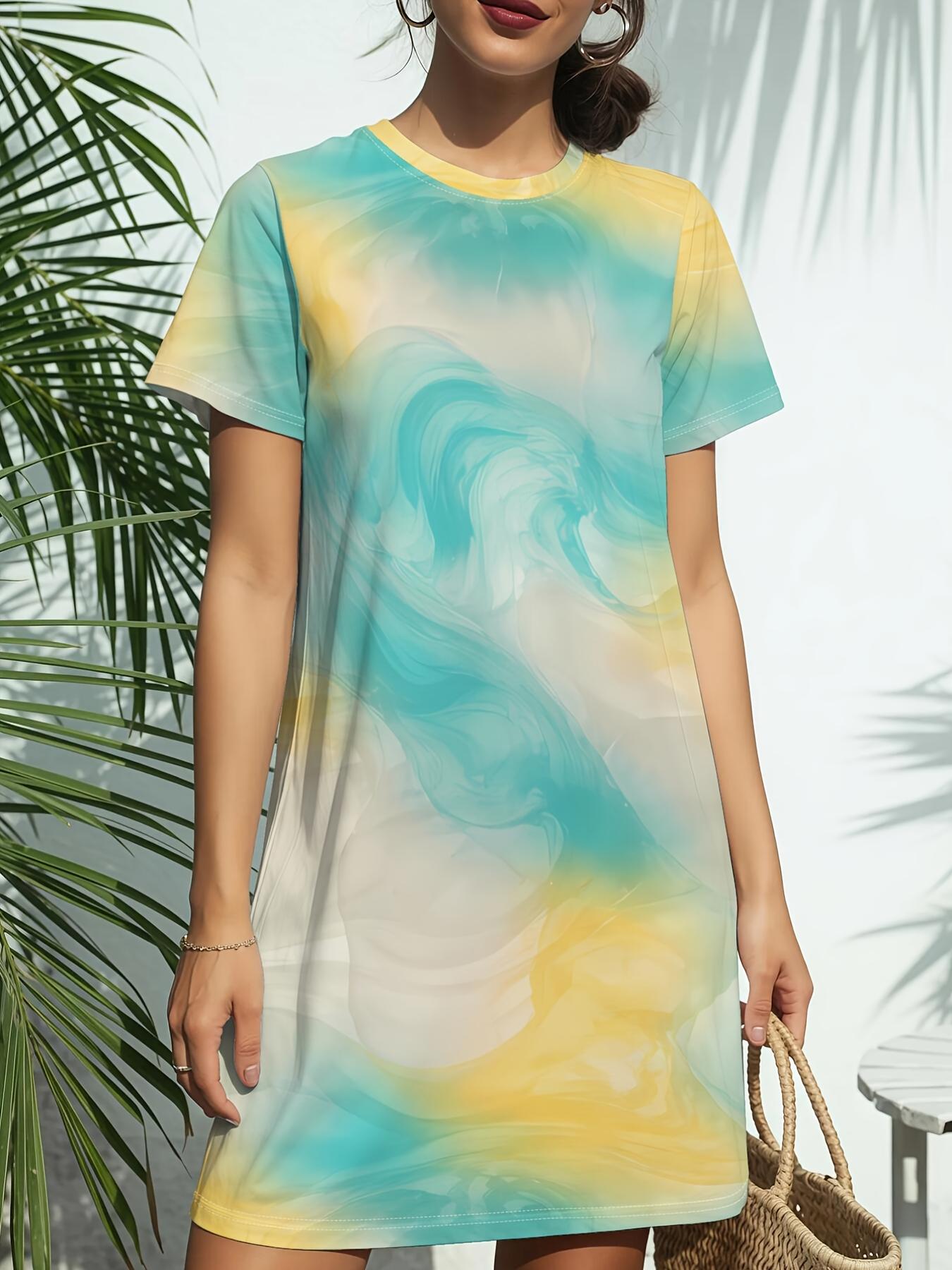 

Watercolor Soft Print New Women S Round Neck Short Sleeve T-Shirt Dress. American Style Trendy Digital Printing. Casual And Versatile for Spring And S S дубильная кора