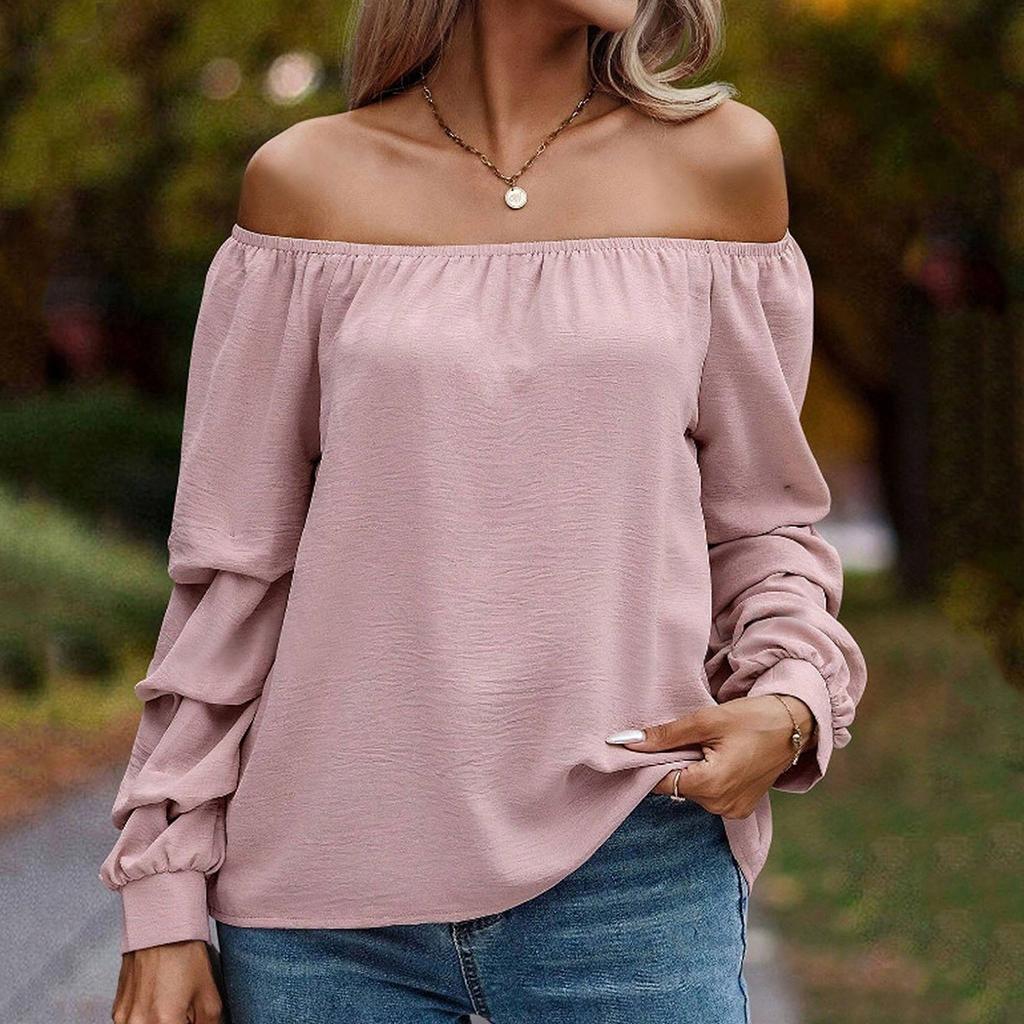 Damska modna, jednokolorowa, swobodna koszula z odkrytymi ramionami i długimi rękawami