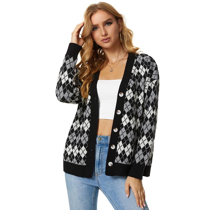 Casual Plaid Printted Cardigan Women Sweater Autumn Knitted Open Stitch Single Breasted Loose Ladies