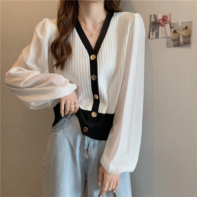 Autumn Winter Loose Casual V-neck Cardigan Sweater Women Long Sleeve Chiffon Patchwork Knitting Coat Top