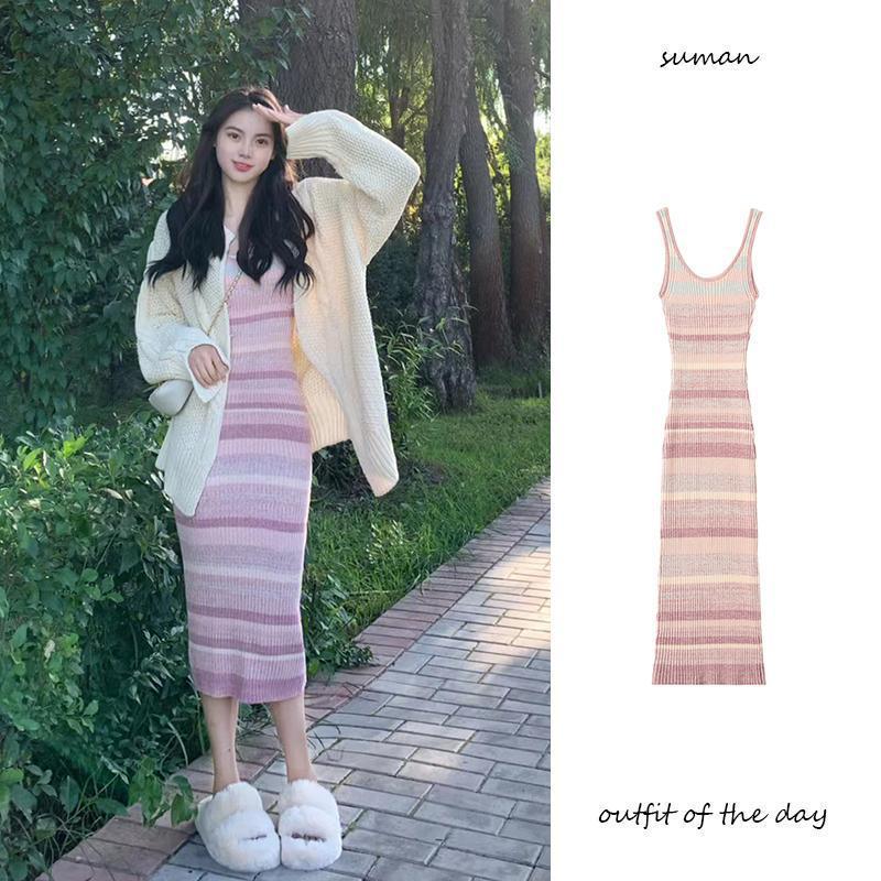 Women s Striped Knit Camisole Dress - Summer 2025 Slim Fit, Sleeveless, Medium-Long Small
