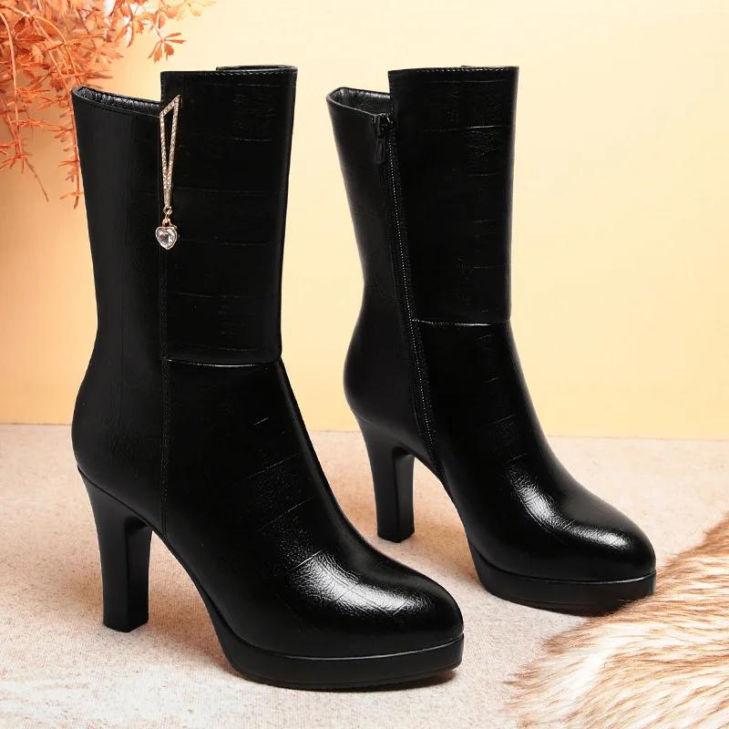 7cm 9cm Fashion Comfortable Soft Leather Boots Platform Shoes Winter  Mid Calf Block High Heels Fur Plush Boots Office Mom