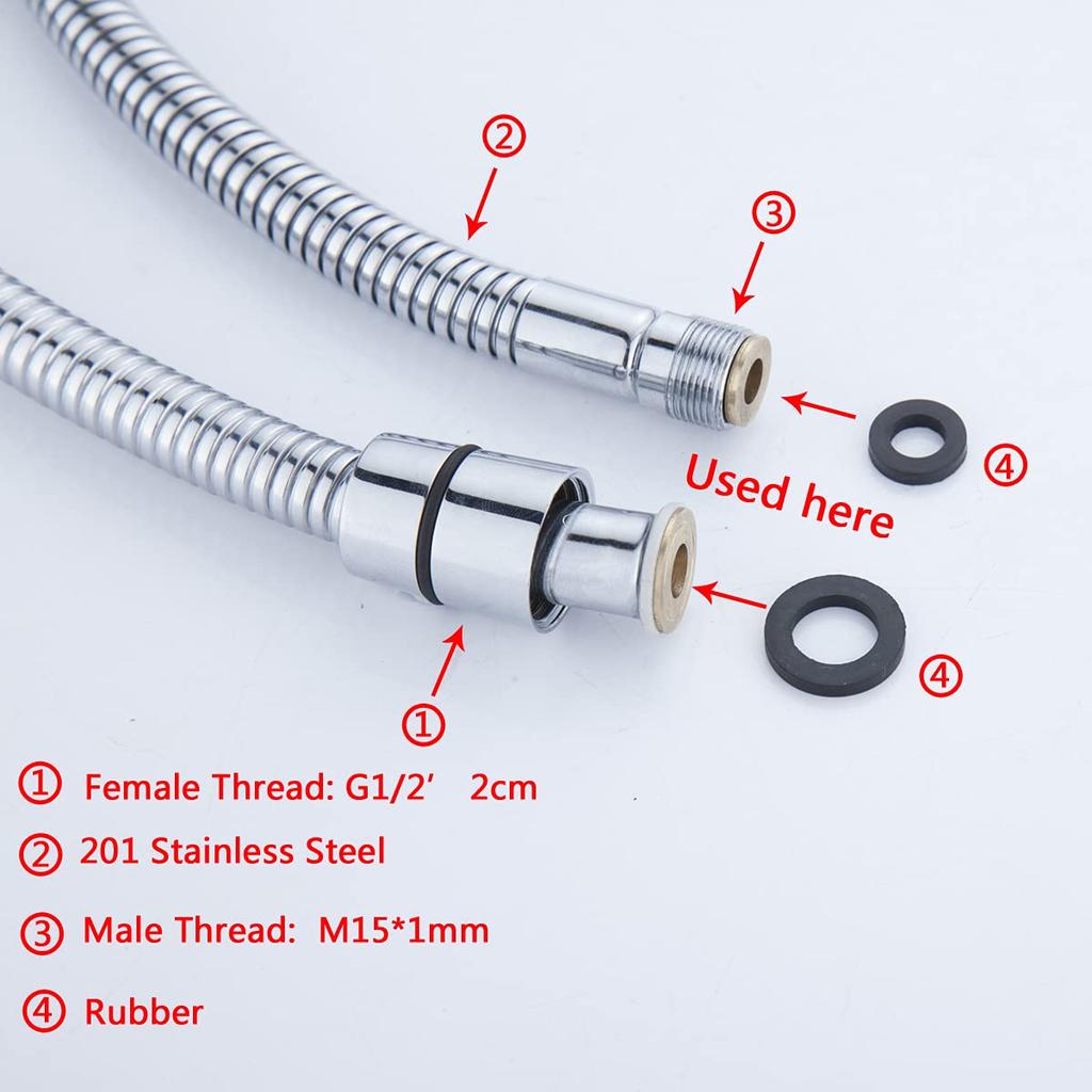 Remplacement de robinet d'évier de cuisine à tirette Tuyau de buse extractible Acier inoxydable Électrodéposition 1,5 m 15 * 1 mm Denture fine Extérieur en acier inoxydable