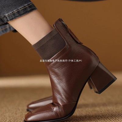 Giant and Thin~ French Retro Knitted Small Short Boots Women's 2025 Autumn and Winter Thick Heel Martin Boots Square Head Thin Boots