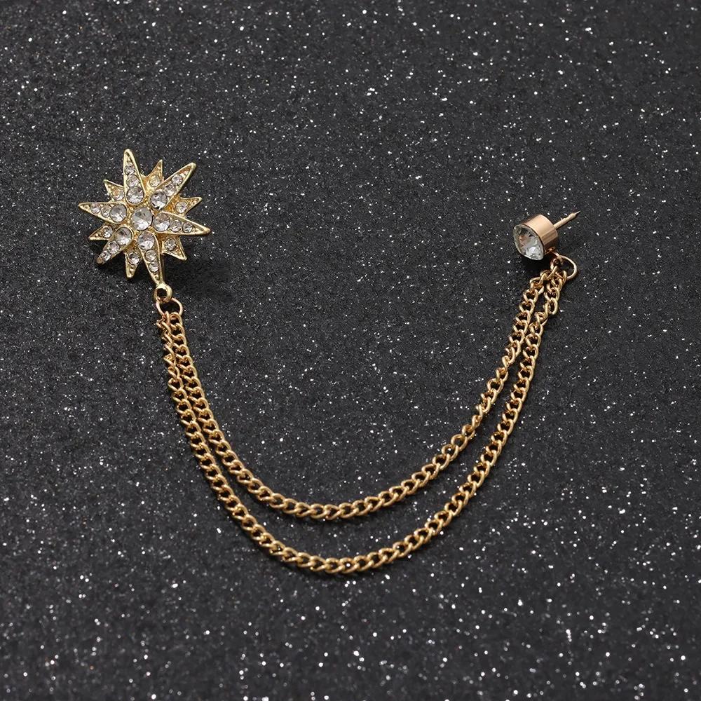 British Style High-end Maple Leaf Brooch with Rhinestone Chain Fashion Vintage Tassel Badge Lapel Pin for Men's Suit Accessories