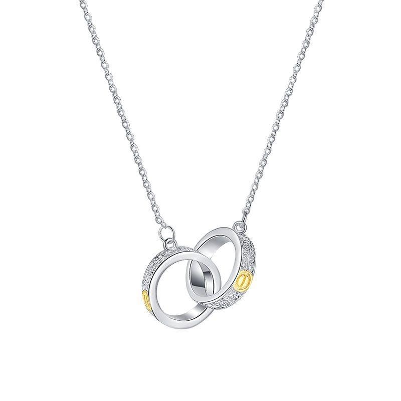 S925 Sterling Silver Double Ring Gold Tang Grass Pattern Pendant Necklace Light Luxury Women's Fashion Simple Elegance Versatile Senior Design