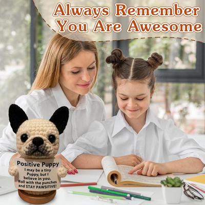 Păpușă Cățel Croșetată Cățel de Sprijin Emoțional Handmade cu Card Inspirațional Ornament Pozitiv Mini Câine Croșetat Cadou pentru Încurajare