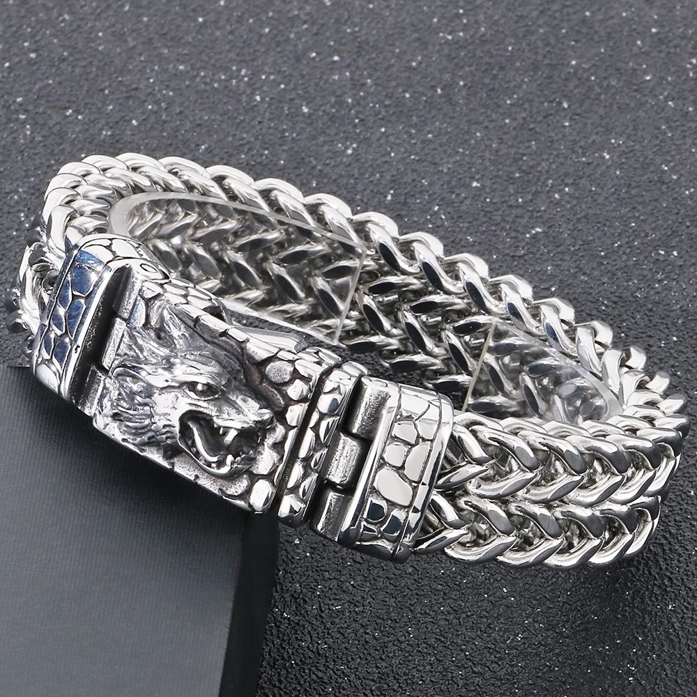 Cool Punk Chinese Loong Dragon Head Bracelet for Men 16MM Width Double Layer Square Franco Chain Bracelets Men's Male Jewellery