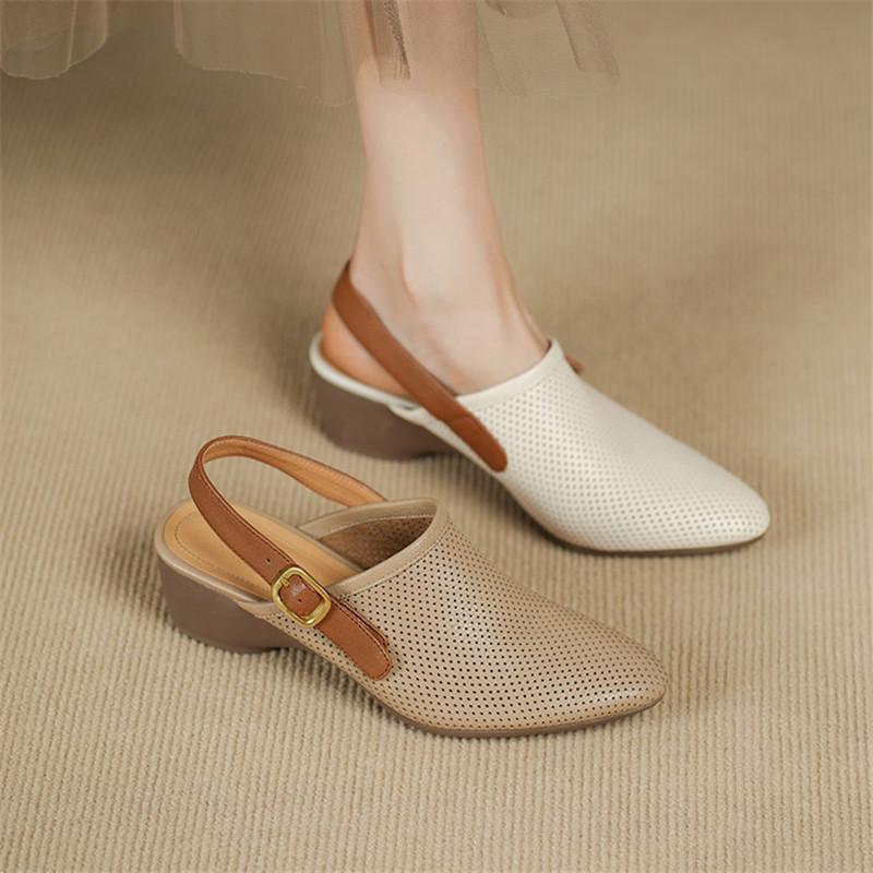 Fashion New Split Leather Summer Sandals Round Toe Sandals for Women Chunky Heels Fashion Hollow Out Sandals Breathable Ladies Shoes