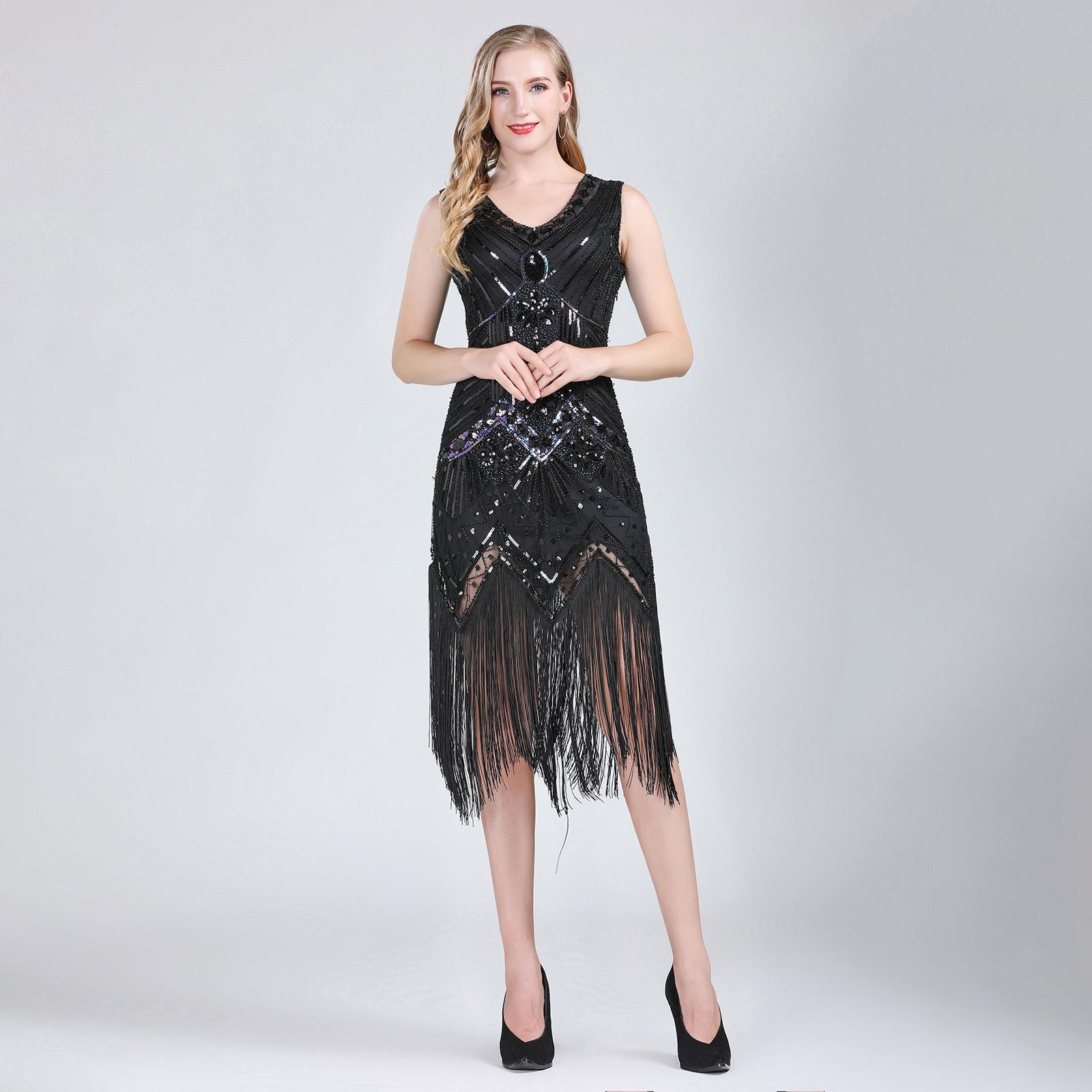 

Женское ретро-платье без рукавов с пайетками и кисточками, танцевальное платье с пайетками L чёрный