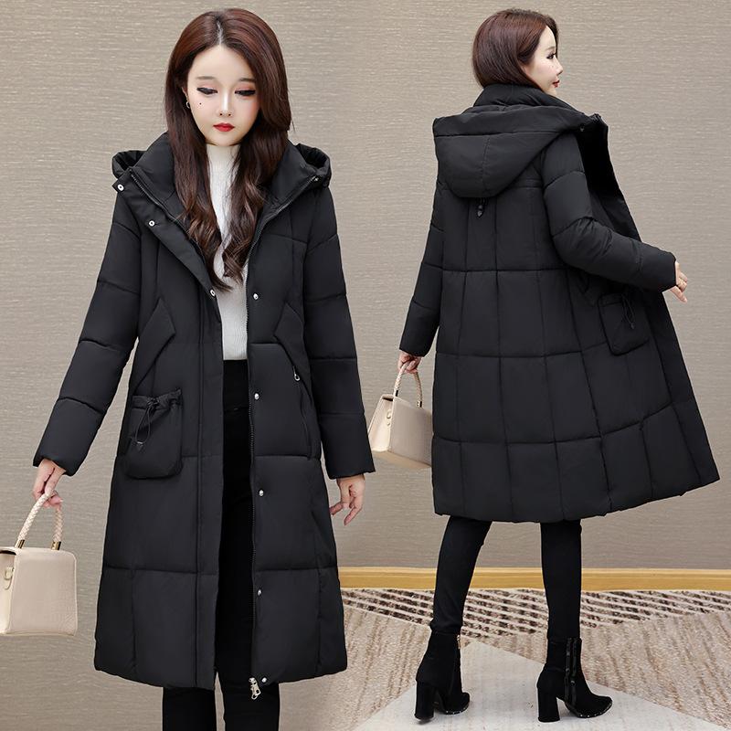 Women's Hooded Long Puffer Coat Drawstring Pockets Zip Up Quilted Solid Color Loose Fit Winter Warm Cotton Padded Jacket