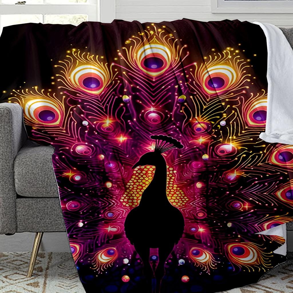 Brightly colored peacock feathers Flannel printed blanket suitable for all seasons suitable for living room office sofa travel