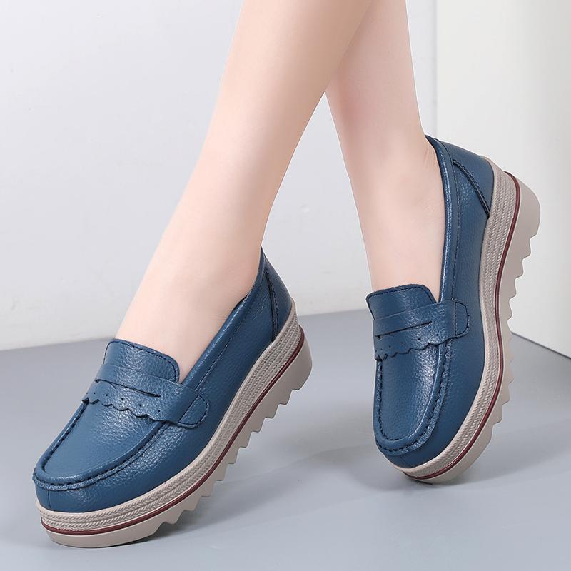Ladies Platform Loafers Casual Elegant Black Red Grey Blue Leather Women Elevator Thick Sole Shake Shoe Plus Size