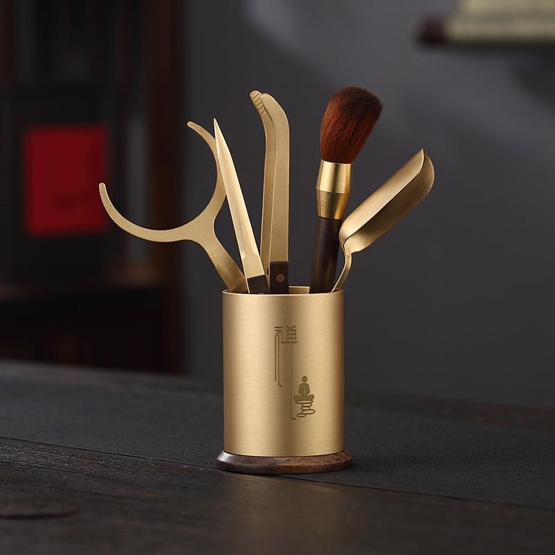 Copper Ebony Wood Tea Ceremony Six Tools Set Gongfu - Teaspoon Pick Tongs Scoop Brush Caddy