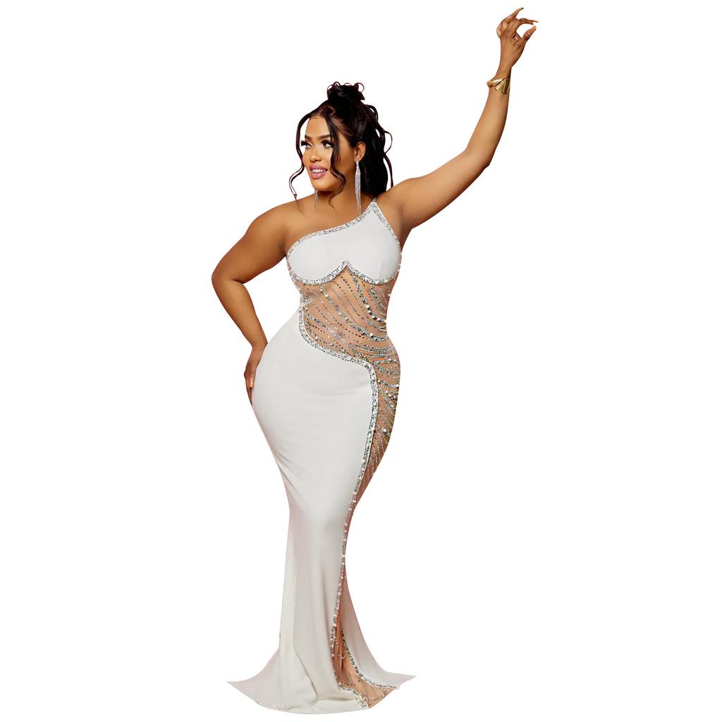 Women Sexy Chic Shiny Rhinestone Long Dress Elegant Back Slim Dresses Fashion Party Club Evening