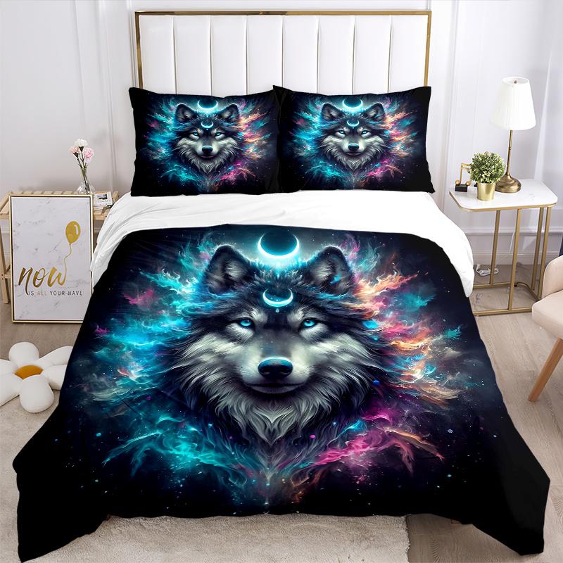 3pcs Moons and Vibrant Cosmic Flames Wolf Quilt Cover Set - Soft and Cozy Bedroom, Guest Room and Dorm Decorative Bedding