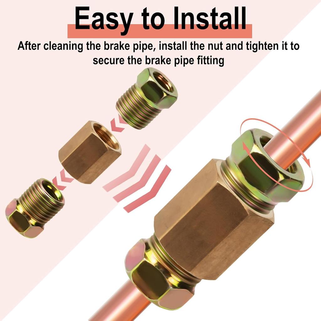 1/4 Zoll Bremsleitungsdruckverschraubungen, 12 Stück 7/16 Zoll-24 Gewinde Messing Bremsleitungsverschraubungs-Sortiment Für 1/4 Zoll Bremsleitungsrohr (4 Muttern, 8 Schrauben)