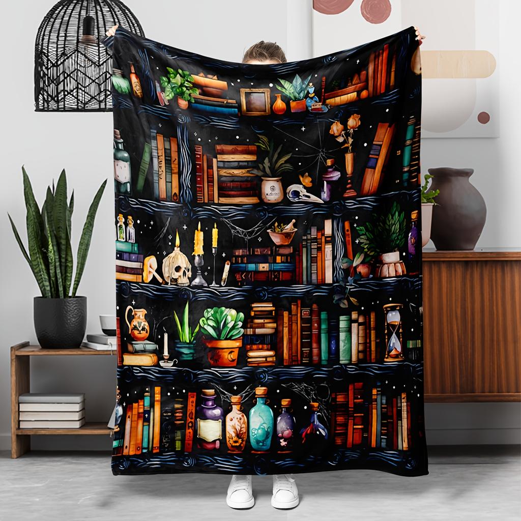 Witchy Bookshelf Flannel Throw Blanket, Magic Book Potion Bottle Skull Plant Print Soft Warm Cozy Blanket for Sofa Bed Home Decor Gift