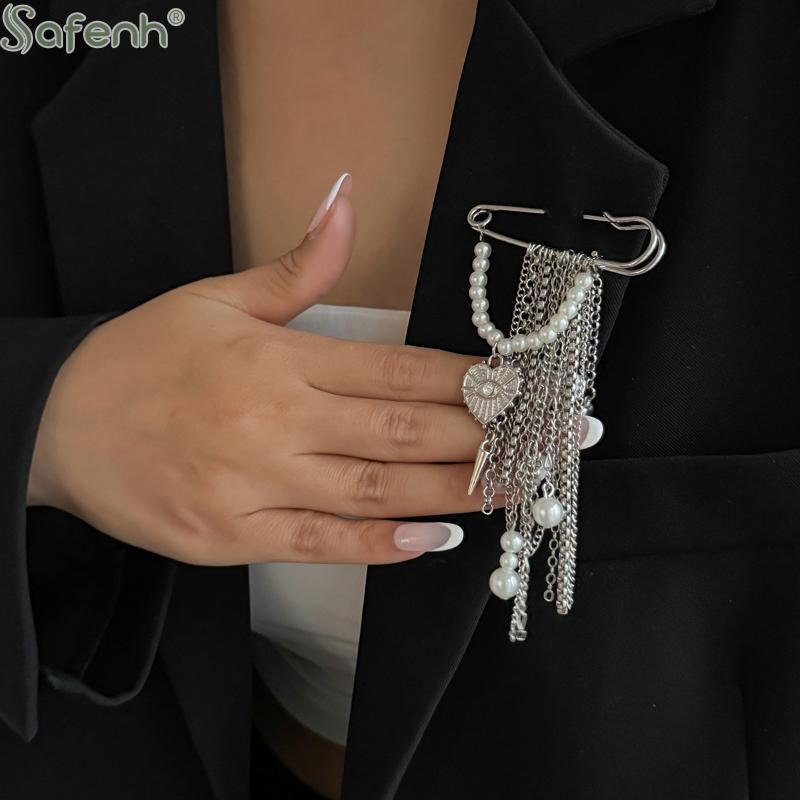 1PC Broche de Pin con Cadena Metálica Exagerada y Cadena de Borlas de Moda Para Mujer Nuevo Accesorio de Joyería con Pin Fijo para Traje Camisa
