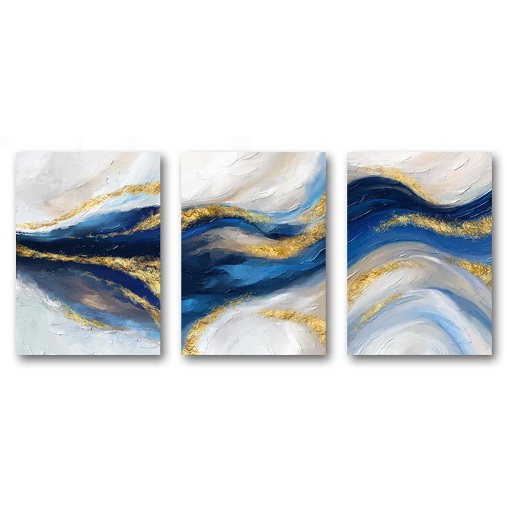3PCS/Set Golden Blue Abstract Ocean Canvas Painting Modern Artwork Luxury Poster and Print Wall Art Picture Home Decor Frameless