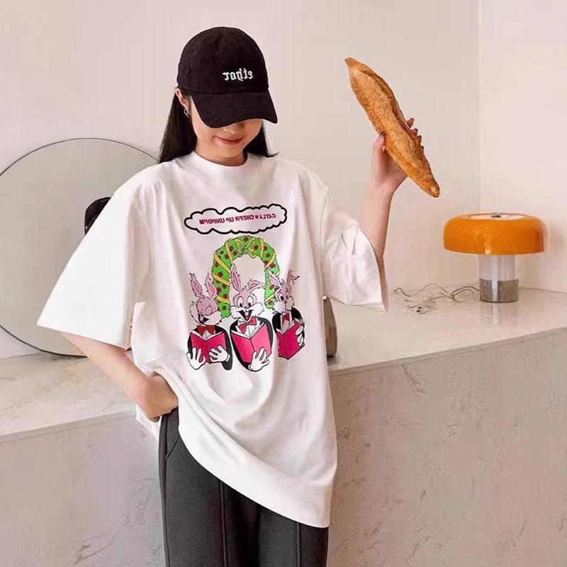 

Summer explosion loose pink cartoon rabbit printing short-sleeved t-shirt women s European goods large version loose top clothing trendy brand m (recommended 40-52.5kg ) белый