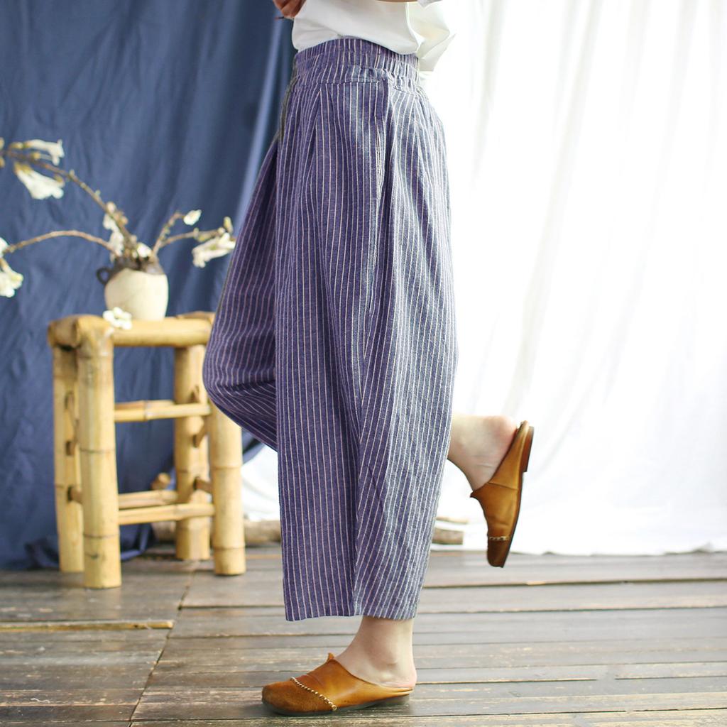 Johnature Vintage Striped Harem Pants For Women Elastic Waist Loose Summer Trousers Pockets Pants