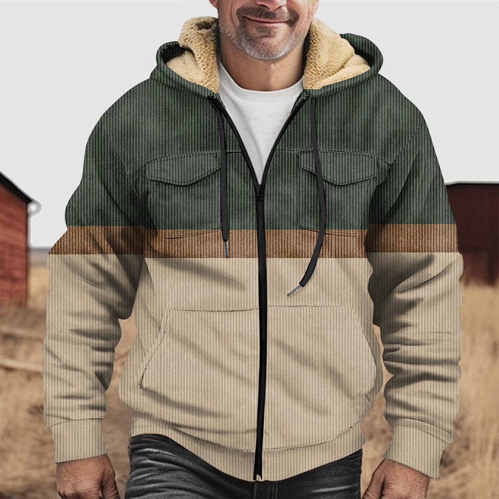 Men'S Winter Zipper Hooded Fleece Sweatshirt With Patch Pocket Casual Jacket