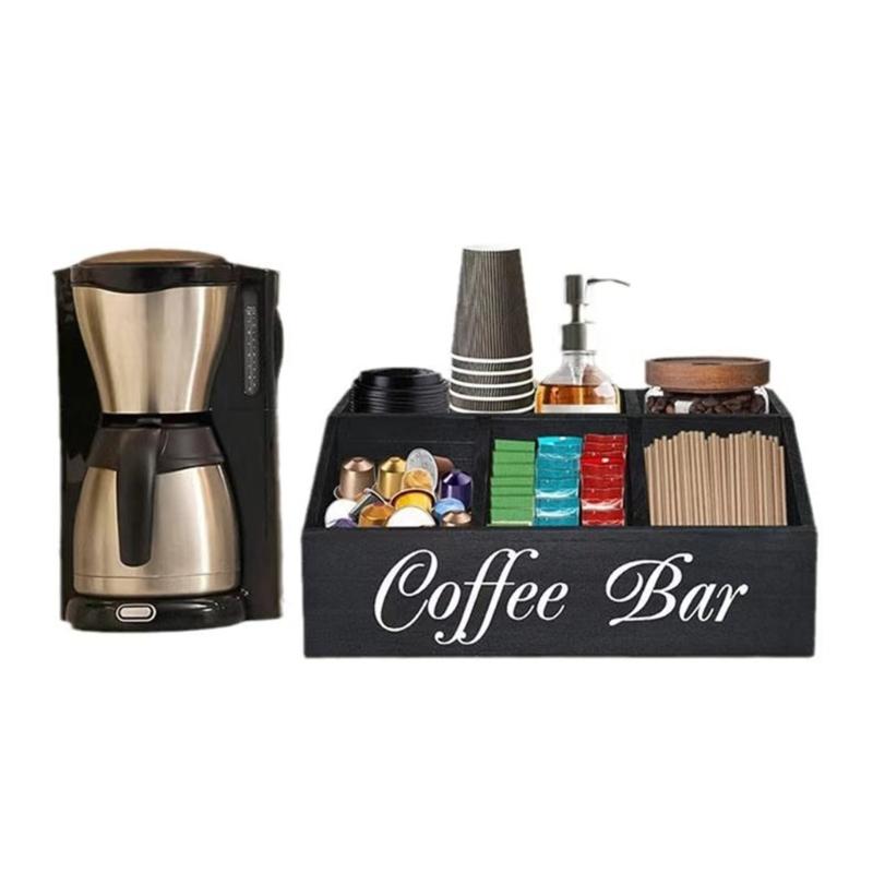 Multi Functional Coffee Accessories Storage Box Natural Wood Teas Condiment Organizer with Multiple Compartments