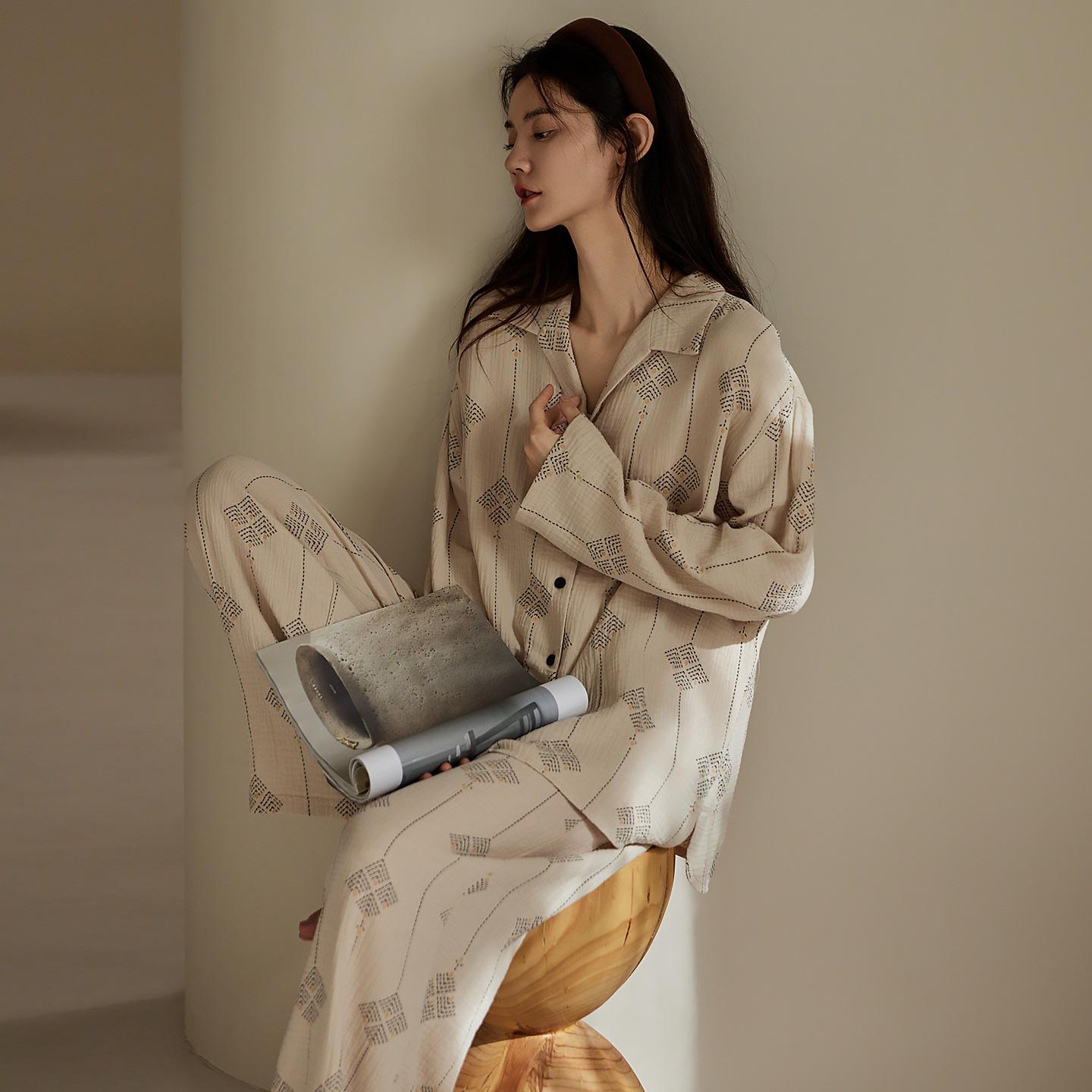 Женский хлопковый марлевый комплект пижамы с длинным рукавом Rou Shan - Высококачественный весенне-осенний домашний костюм 2025 Medium