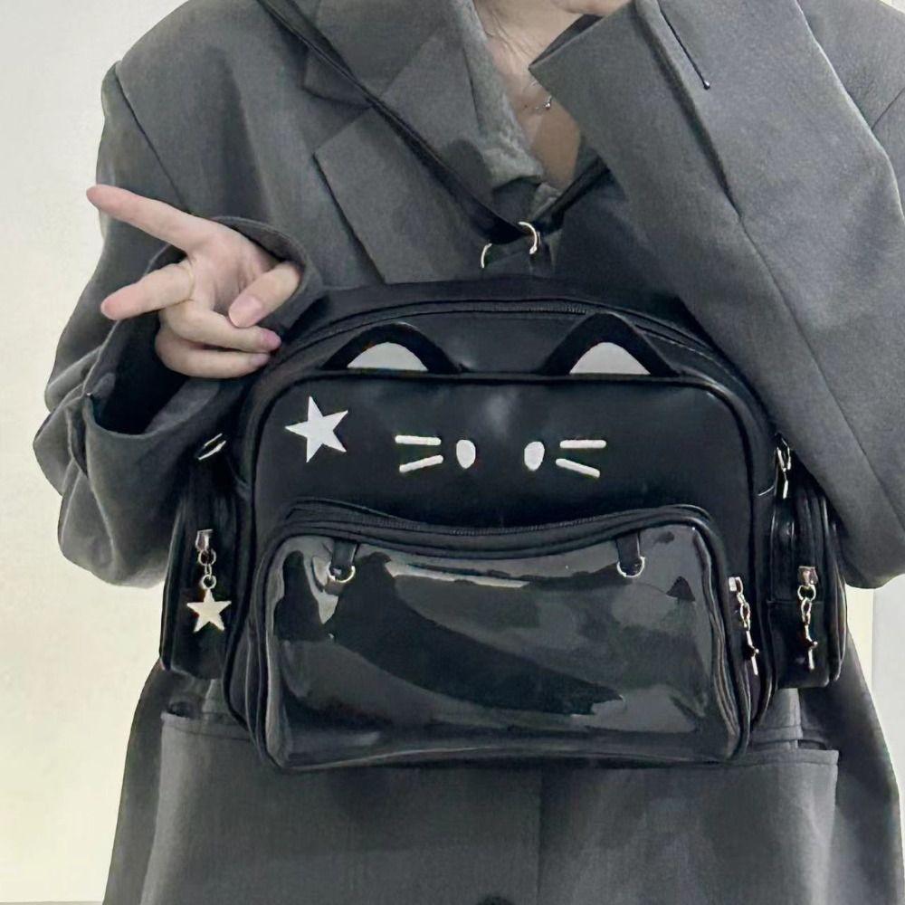 JK Kawaii Przezroczysta Torba z Kieszonkami na Odznaki Y2K Torba na Ramię Kreatywny Uroczy Kot Itabag Outdoor