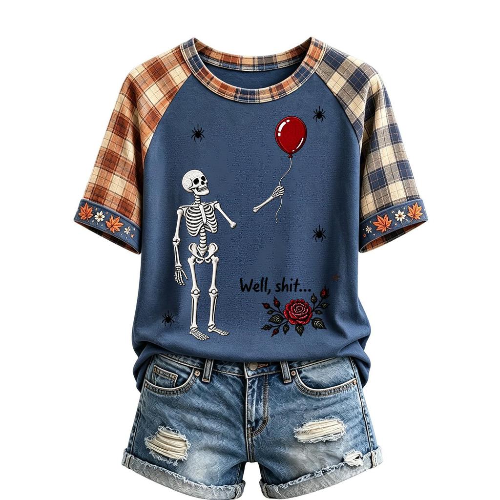 Women's Halloween Short Sleeve T-Shirt Neck Raglan Print Top