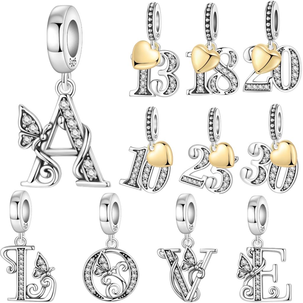 Orstarry DIY Zircon Butterfly 26 Letter Beads 925 Silver Pendant Charms for Bracelet Necklace Jewelry Gifts