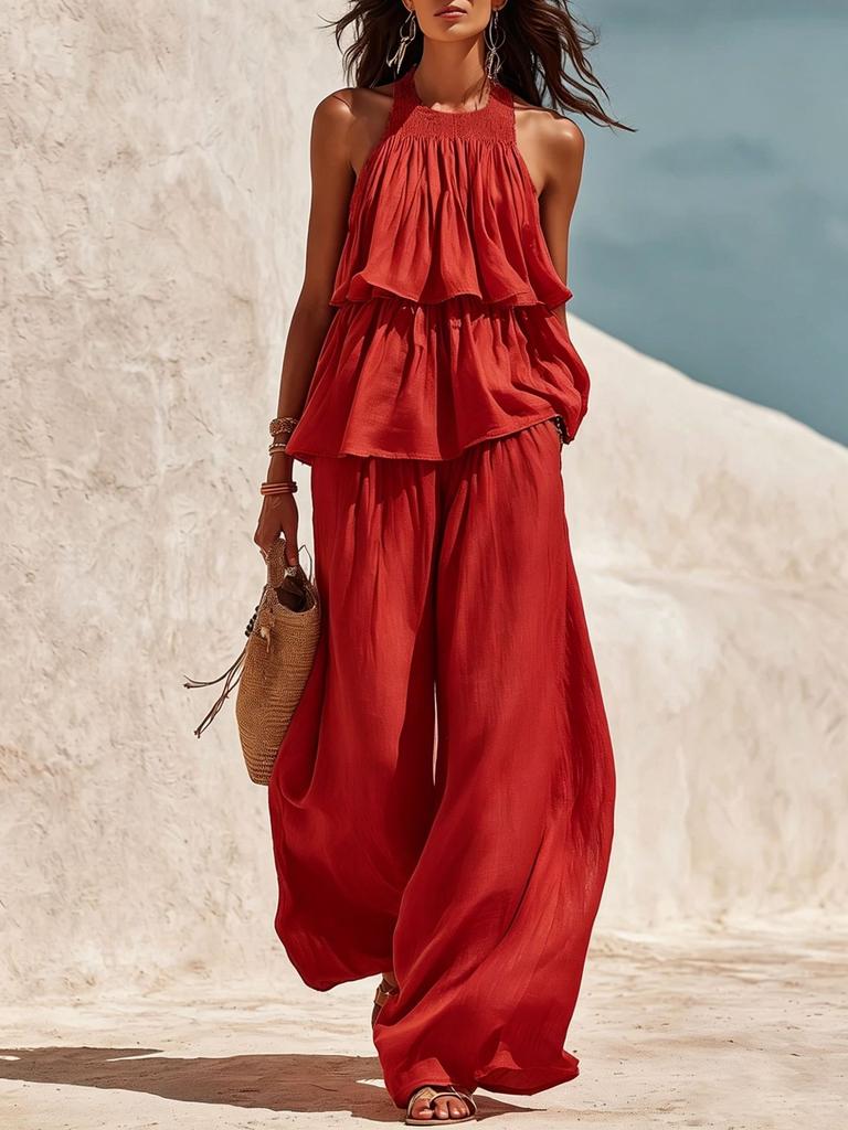 2026 Amazon Independent Station Popular Women's Clothing Casual European and American Style Elastic Neck Breathable Wide Leg Pants Two-piece Set