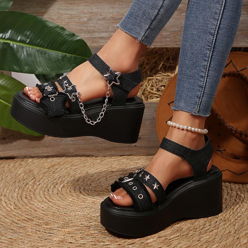 Fashion Fashion Star Buckle Platform Sandals for Women Chain Decor Gothic Summer Shoes Woman Thick Bottom Wedge Heel Gladiator Sandals