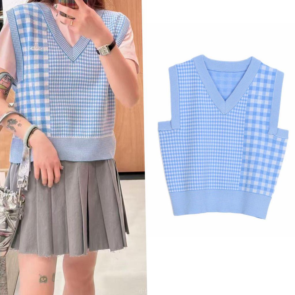 Koreanischer Retro Saturn V-Ausschnitt Karomuster Schlankmachender Strickpullover Weste Top für Damen