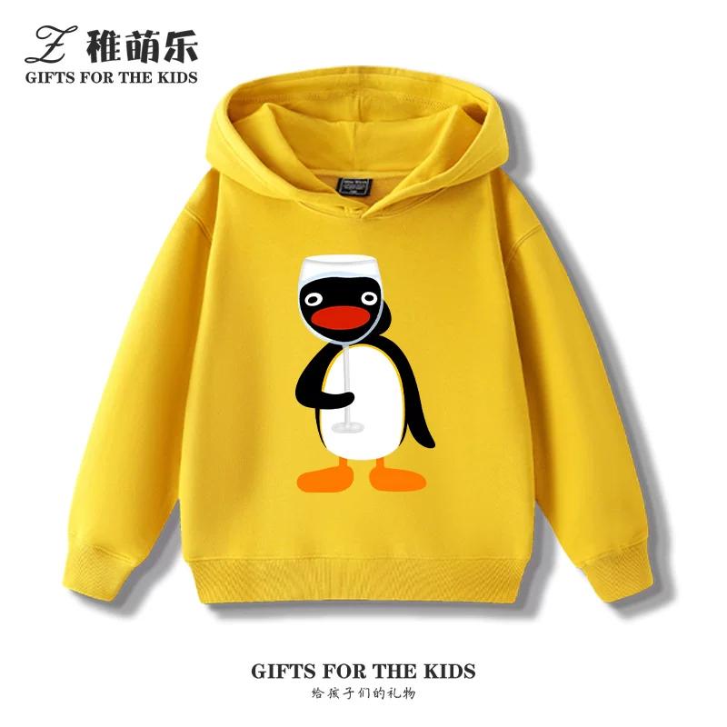 Kids' Fleece-Lined Hooded Sweatshirt with Fun Cartoon Penguin Print – Warm Pullover for Boys and Girls (Autumn/Winter)