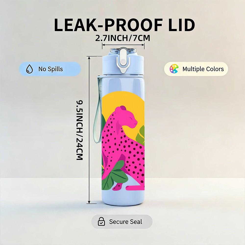 1PC Pink Leopard Tropical Leaf Art 750ml Color Plastic Sports Water Bottle Leakproof Flip Straw Lid For Sports Office Home Use