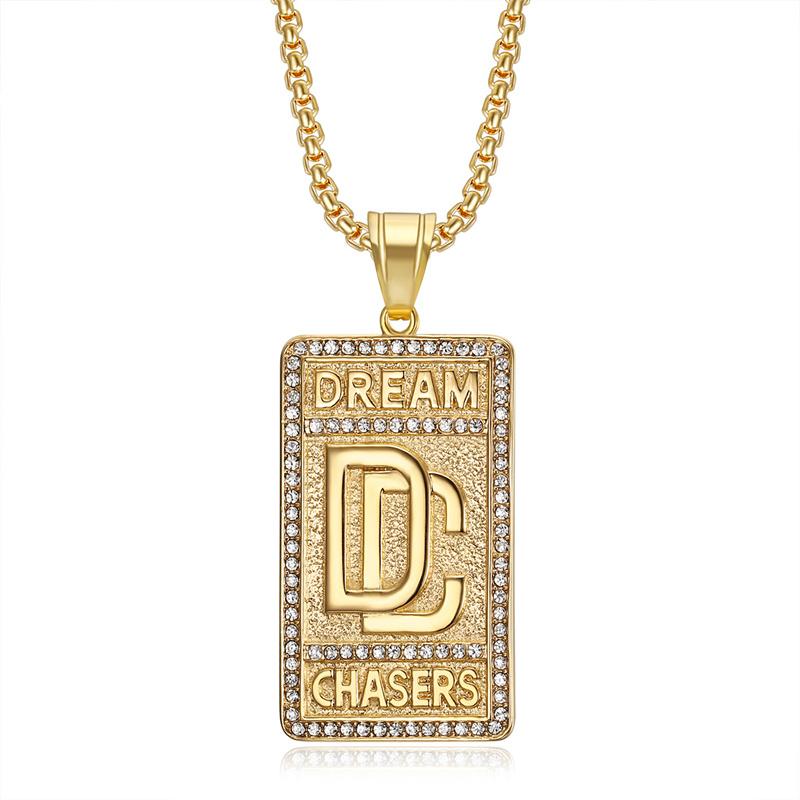 A Custom-designed Hip-hop Style Stainless Steel Gold-plated Cubic Zirconia Crystal Pendant Men's Necklace with Square Pearl Chain.