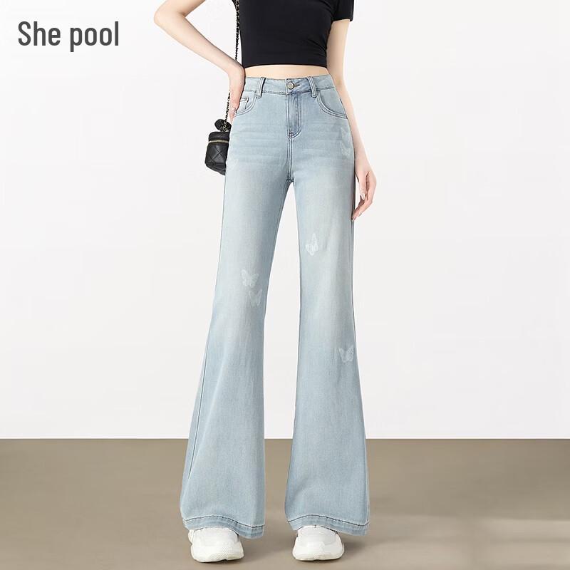 Women s Light Blue Butterfly Print High-Waist Flare Jeans XXL