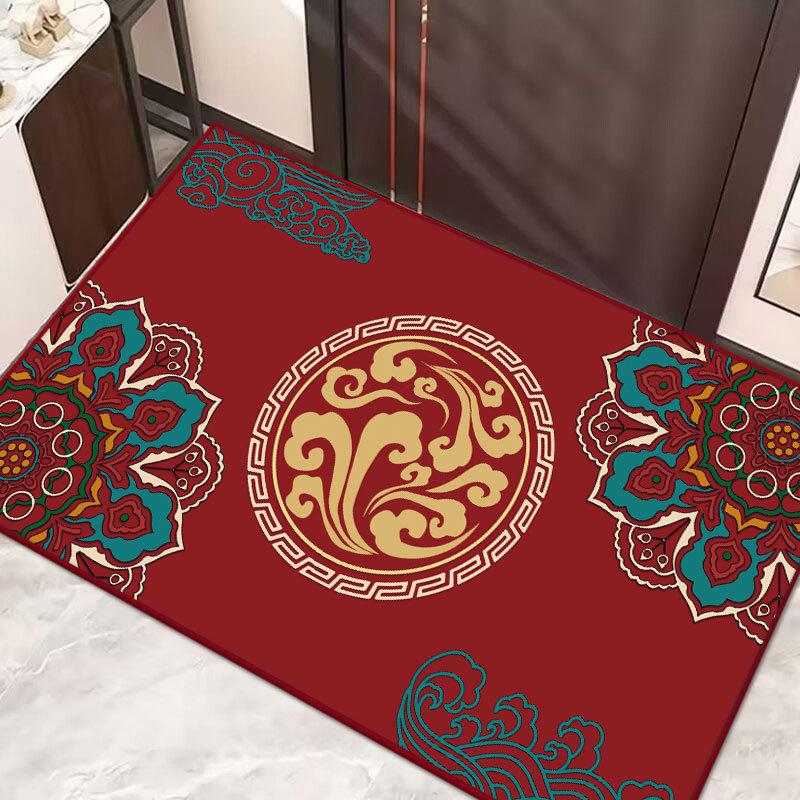 Festive Red Chinese Style Crystal Velvet Entrance Floor Mat
