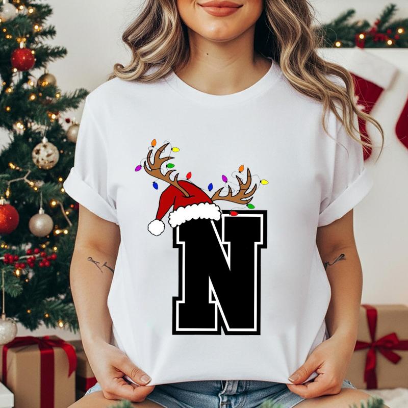 Unisex s T-shirt Christmas Alphabet Fashion Print T-shirt Short Sleeve Fashion Street Top Santa Hat, Reindeer Christmas Party Top S