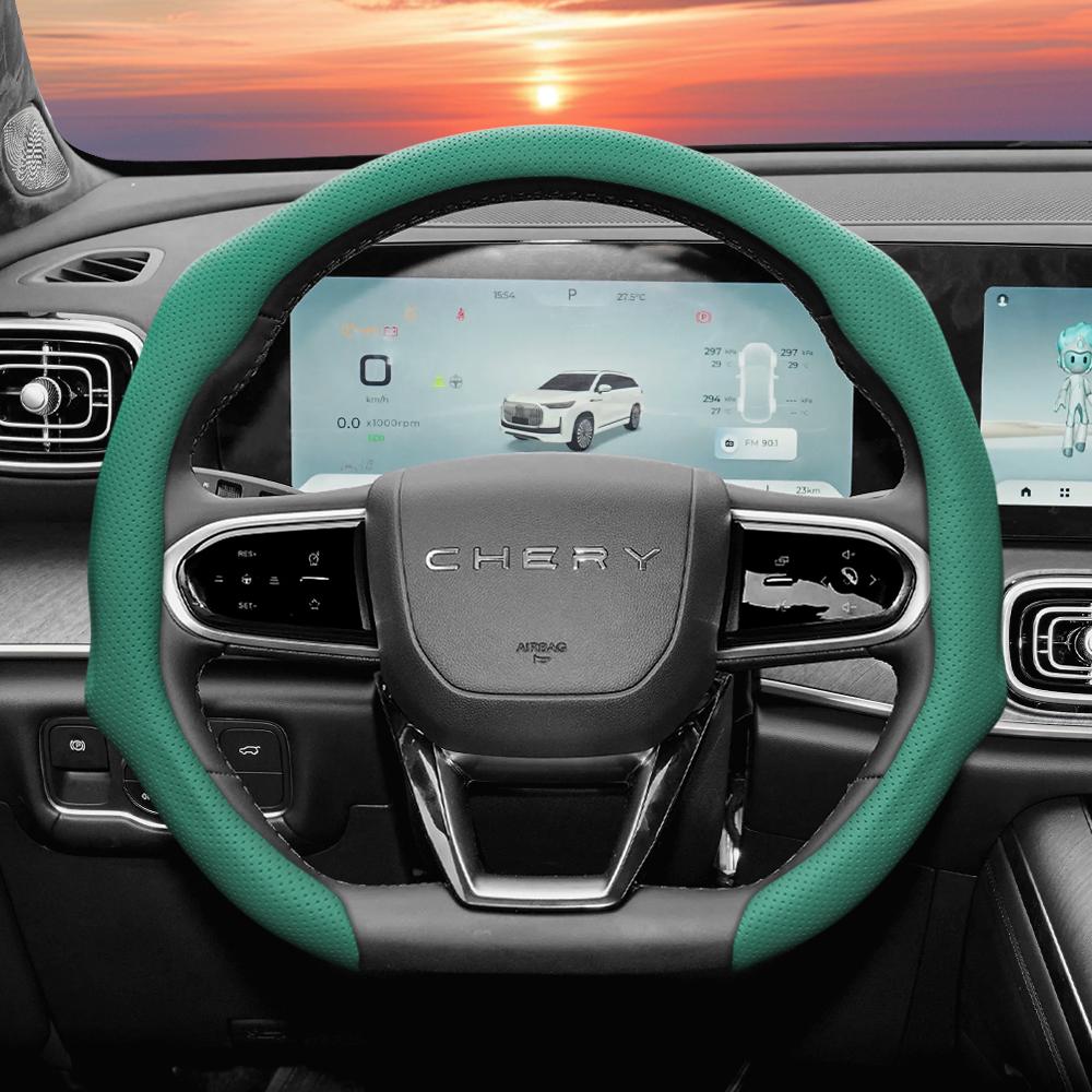 Suitable for Chery Perforated Leather Steering Wheel Cover, Anti-Slip, Sweat-Absorbent, Breathable, Integrated Protective Case for Tiggo 2 3 4 7 8 9
