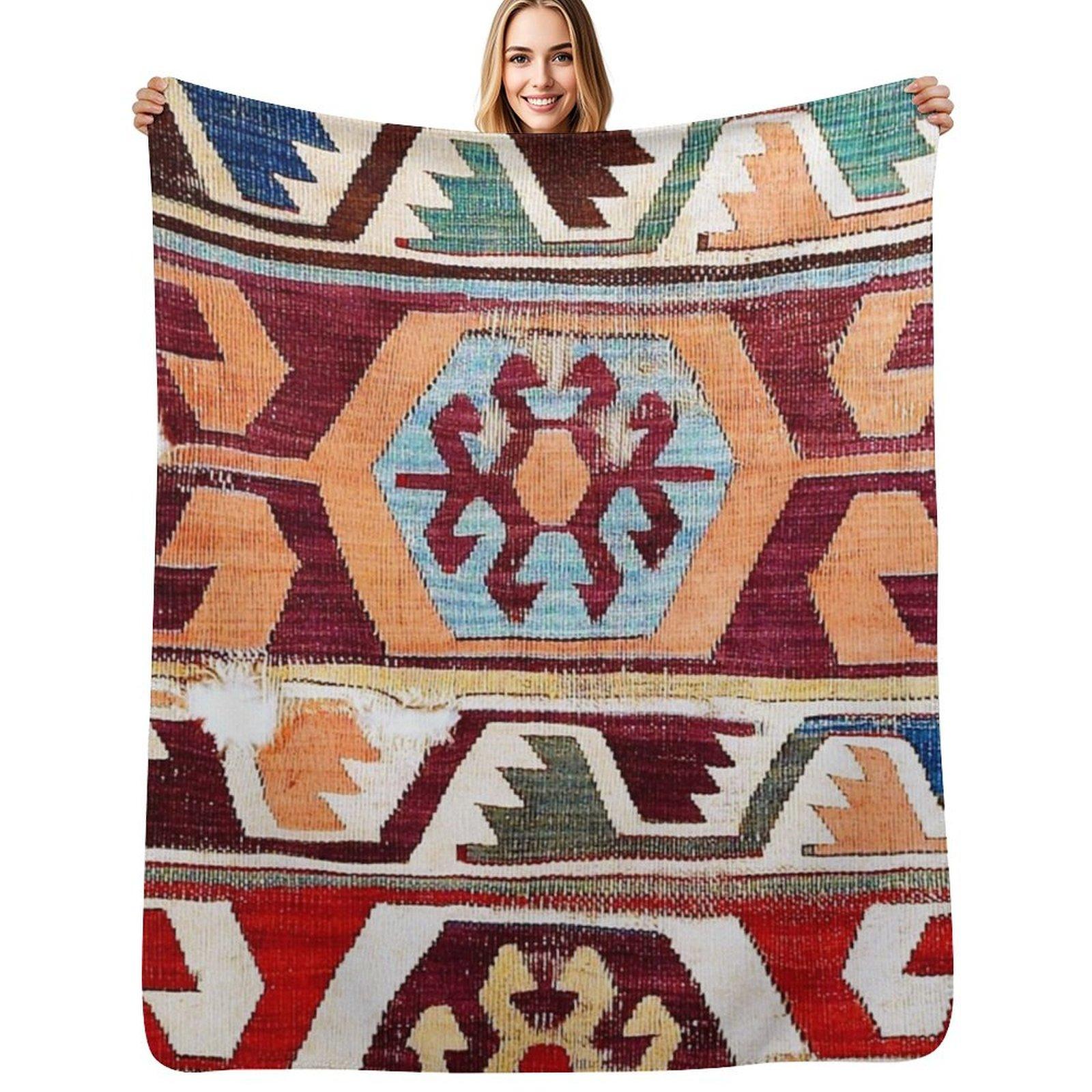 Konya 18th Century Central Anatolian Kilim Print Throw Blanket Warm Comfortable Blanket for Office Napping Size: 75*100cm, Weight: 230 GSM