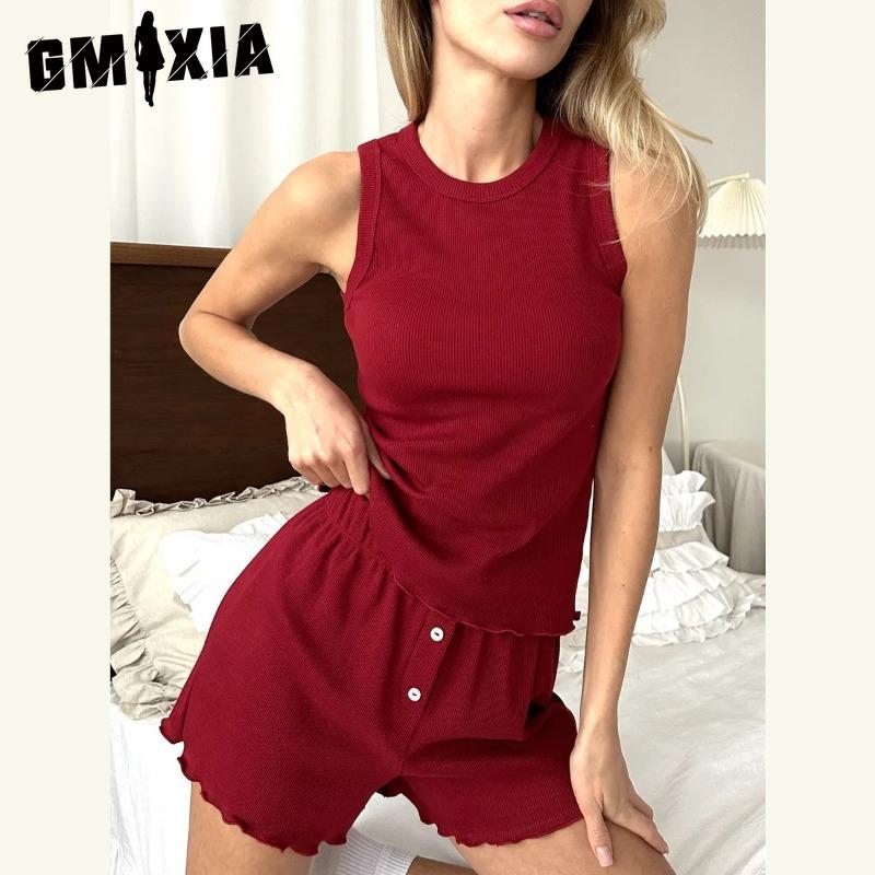 GMXIA Spring and Summer Pajamas Set Solid Colour Comfortable Vest Shorts Casual Loungewear Two-piece Set