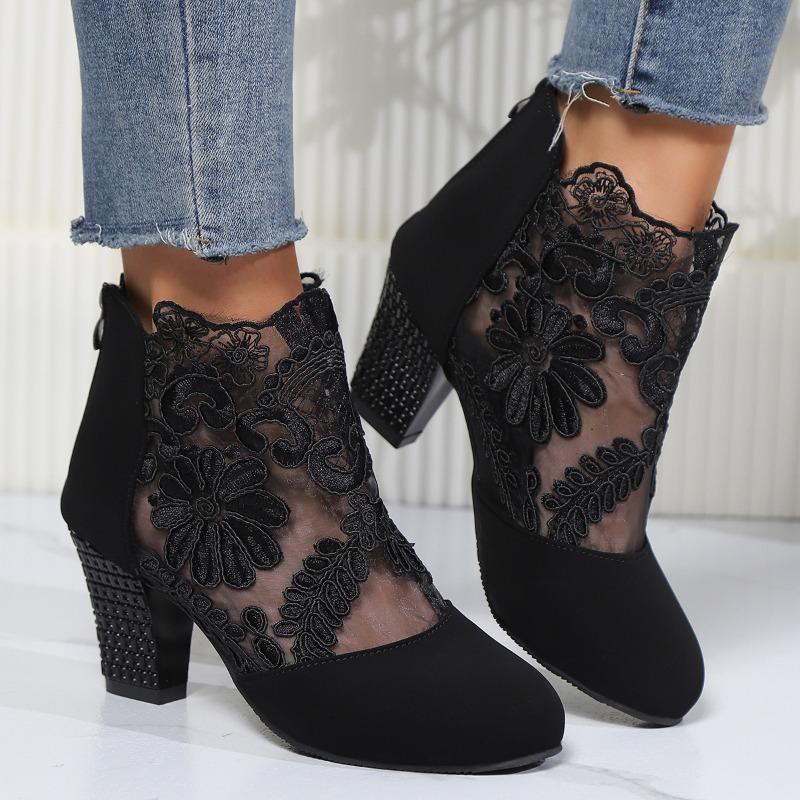 

Кружевные сетчатые туфли-ботильоны на высоком каблуке для женской моды больших размеров с круглым носком и толстым каблуком, крутые ботинки часто встречаются 42 чёрный