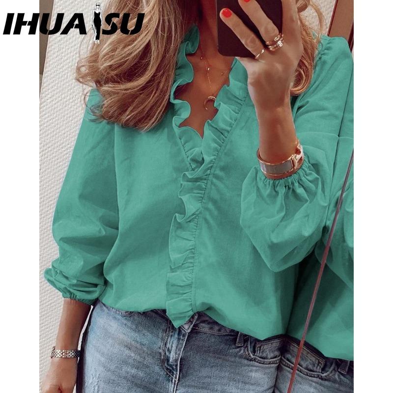 IHUASU Women's Fashion Casual Solid Color Print Long Sleeve V Neck Blouses & Shirts